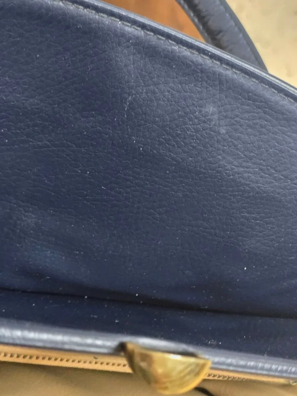 Vintage Navy Blue Leather Handbag Gold Hardware Top Handles & Beige Interior - Picture 13 of 16